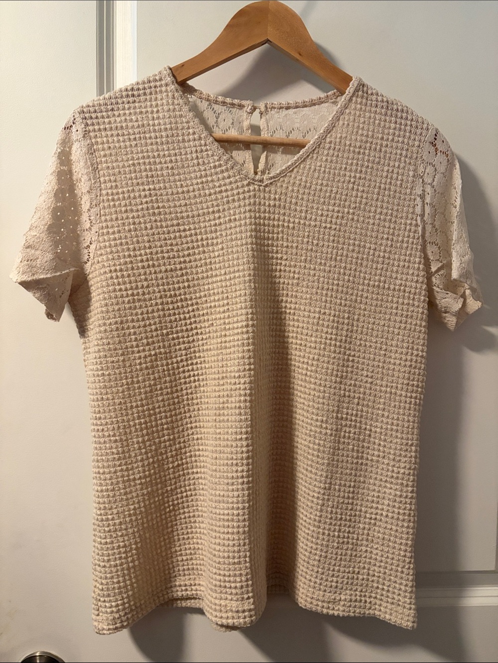 Lace-Sleeve Waffle Knit Short Sleeve Top - Cream